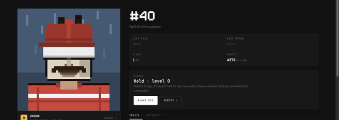A pixel-art profile of a character named 'Zador' on what appears to be an NFT marketplace, showing '#40', holding '278' units of 'Hel3d - level 8', and a 'Place Bid' button.