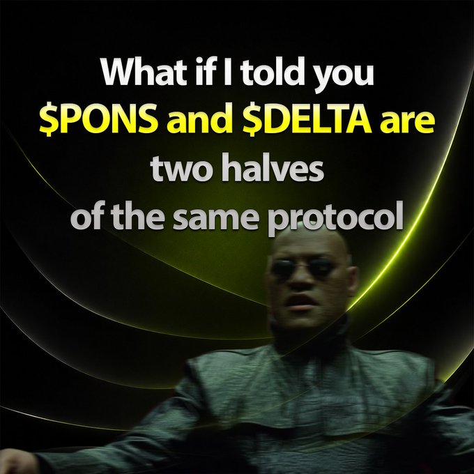 The image is a meme featuring Morpheus from The Matrix with the text "What if I told you $PONS and $DELTA are two halves of the same protocol," which visually illustrates the post's claim about PHERA being a unified token launch and liquidity management protocol that functions as its own DEX.