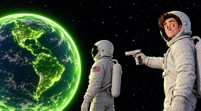 Digital illustration of two astronauts in space near a glowing green Earth, with one astronaut pointing a gun at the other.