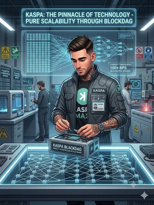 A digital illustration of a tattooed man in a 'KASPA' branded jacket working on a 'KASPA BLOCKDAG' module, with text reading 'KASPA: THE PINNACLE OF TECHNOLOGY - PURE SCALABILITY THROUGH BLOCKDAG' and 'CURRENT THROUGHPUT: 100+ BPS'.