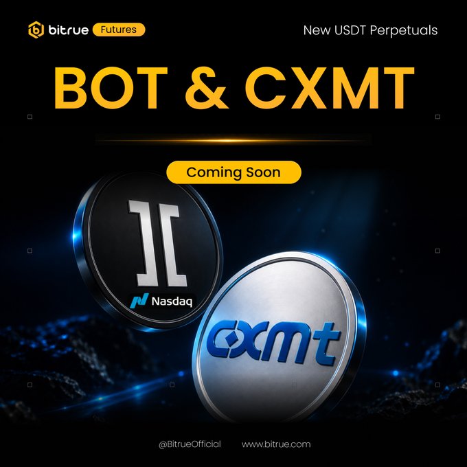 A Bitrue Futures promotional graphic announcing "Coming Soon" new USDT Perpetuals for $BOT (a Nasdaq-listed AI/robotics fund) and $CXMT (a leading Chinese DRAM memory chip), featuring metallic coin renderings of each token against a dark background.