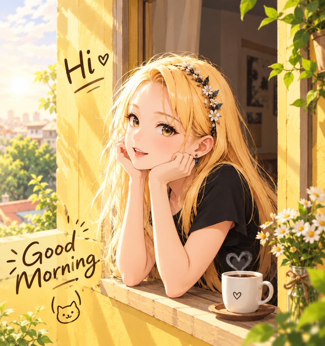 An anime-style illustration of a blonde girl with flower hair accessories leaning on a yellow windowsill with a coffee cup, accompanied by 'Hi' and 'Good Morning' text.