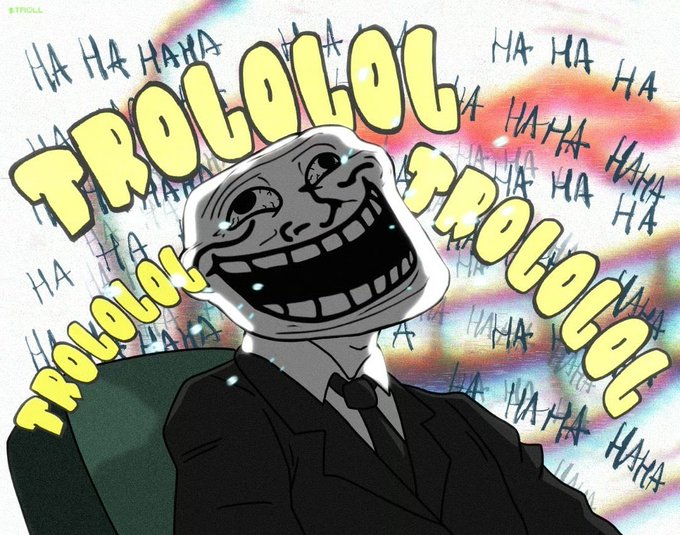 The classic 'Trollolol' trollface meme shows a grinning cartoon man in a suit surrounded by yellow 'TROLLOLOL' text and 'HA HA HA' laughter.