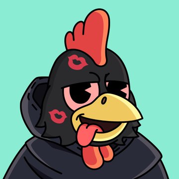 A cartoon illustration of an anthropomorphic black chicken/rooster with a red comb, wearing a dark hoodie, sticking its tongue out with a cool/laid-back expression on a mint green background.