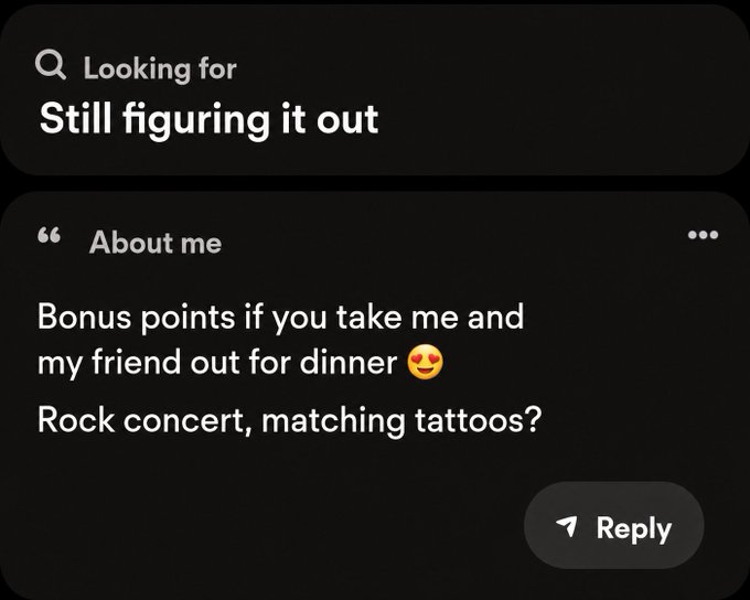 A dating app profile screenshot showing "Looking for: Still figuring it out" and an "About me" section that reads "Bonus points if you take me and my friend out for dinner 😋 Rock concert, matching tattoos?" The image humorously contrasts the post's message about exercising trading discipline and avoiding FOMO with a dating profile that is open to opportunities—mirroring the theme of waiting for the right signal rather than chasing every tempting option.