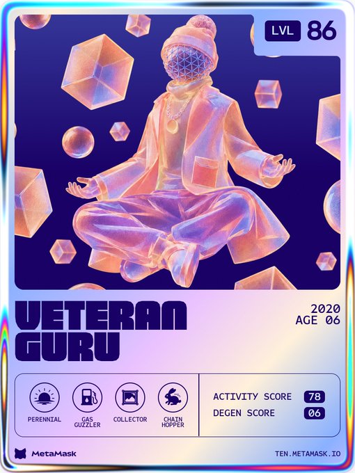 A holographic MetaMask profile card titled 'VETERAN GURU' at LVL 86, Age 06 (2020), featuring a meditating figure in a beanie and showing an Activity Score of 78, Degen Score of 06, and roles: Perennial, Gas Guzzler, Collector, Chain Hopper.