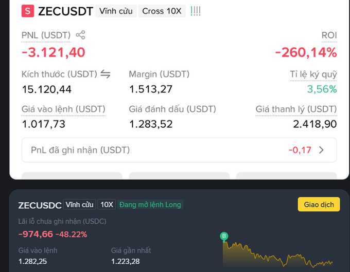 A Binance futures trading position showing ZECUSDT with a PNL of -3,121.40 USDT (ROI -260,14%) and ZECUSDC currently in a Long position down -974,66 USDC (-48.22%).