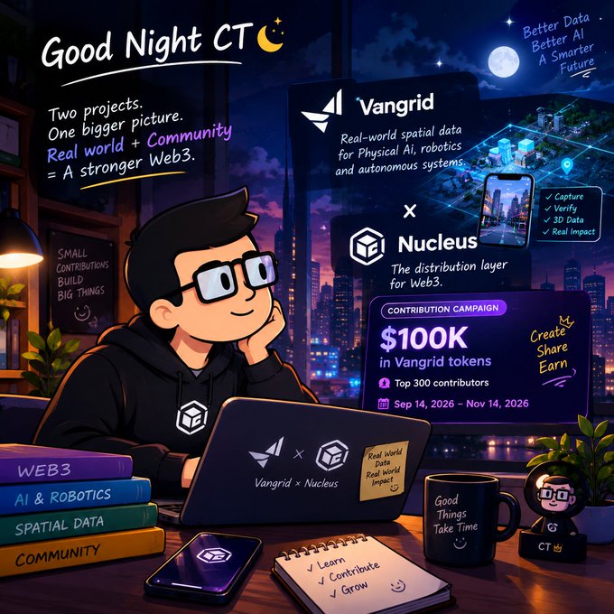 A Vangrid x Nucleus campaign illustration with a cartoon character at a laptop, promoting a $100K Vangrid tokens contribution campaign running Sept 14, 2026 – Nov 14, 2026.