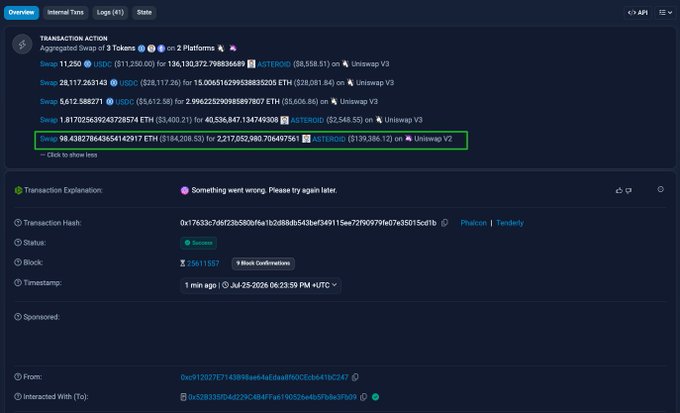 A blockchain transaction explorer shows a successful aggregated swap on Uniswap V2 where wallet 0xc912027E7143B98ae64aEdaa8f60CEcb641bC247 exchanged approximately 99.438 ETH ($184,208.53) for 2,217,052,980.7064697561 ASTEROID tokens ($139,386.72), consistent with the post's claim of a ~$185K ASTEROID purchase that helped push the market cap toward $40M.