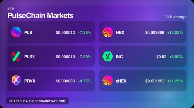 The image shows a "PulseChain Markets" dashboard displaying 24-hour gains across multiple tokens: PLS (+7.38%), HEX (+13.02%), PLSX (+7.39%), INC (+8.60%), PRVX (+4.75%), and eHEX (+11.25%), all in the green. This visual reinforces the post's sentiment about PulseChain's potential comeback, showcasing widespread positive price action across the ecosystem with notable double-digit gains for HEX and eHEX.