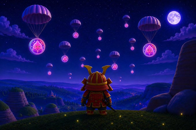 A digital illustration of a samurai in red and gold armor standing on a grassy hill at night, watching glowing parachutes descend from a starry sky under a full moon.