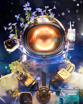 A digital illustration of an astronaut wearing a blue spacesuit and helmet with a glowing orange visor, surrounded by purple flowers, plants, and technical equipment against a starry cosmic background.