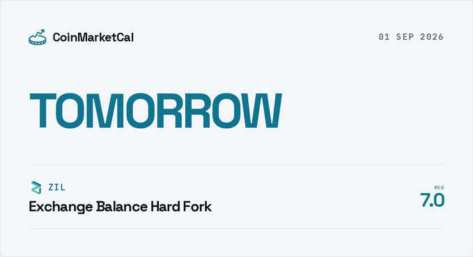 CoinMarketCal notification card dated 01 SEP 2026 highlighting "TOMORROW" with a ZIL (Zilliqa) Exchange Balance Hard Fork event rated 7.0 impact, matching the announced upcoming hard fork.