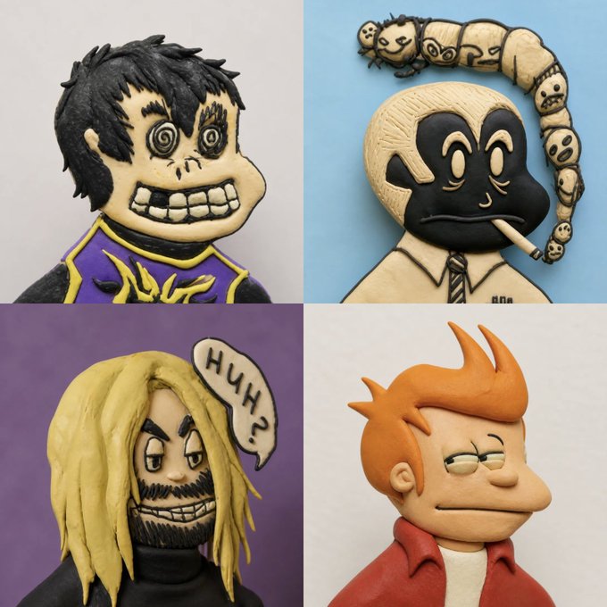 A 2x2 grid of four sculpted clay character figurines with exaggerated expressions: a spiral-eyed man in purple, a smoking figure with a bug-like hair design, a long-haired bearded man saying 'HUH?', and an orange-haired cartoon character.