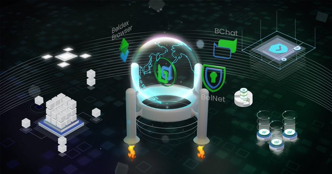 The image is a stylized graphic showing a central glowing pod labeled "Beldex Browser," "BChat," and "BelNet," surrounded by a chain-link base and cube structures representing masternodes in a digital landscape.

It visually echoes the post's theme by depicting Beldex's three core privacy products as interconnected elements, suggesting that the masternodes fueling the network are not just validators but the backbone of the privacy infrastructure itself.