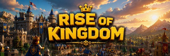 A promotional banner for "Rise of Kingdom" featuring the game's logo topped with a crown, set against a backdrop of castles and mountains, ties into a crypto giveaway contest for the $KING token, with the image serving as the branding for the token's promotional campaign.