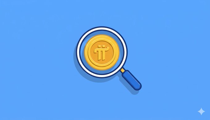 A magnifying glass hovers over a gold Pi Network (π) coin against a bright blue background, symbolizing scrutiny of the long-term commitment to holding Pi tokens across consecutive years from 2019 to 2025.
