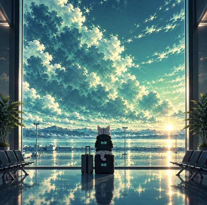 A white cat in a hoodie sits on a suitcase at a large airport window, gazing out at a vast cloudy sky with distant mountains, while the post celebrates booking a first-class ticket to San Francisco.