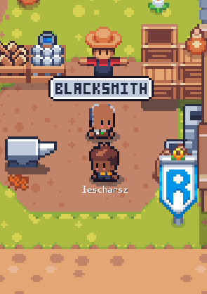 A pixel art scene showing a blacksmith NPC behind an anvil with the speech bubble 'BLACKSMITH', facing a player character named 'leschansz' in a grassy area with a wooden counter.
