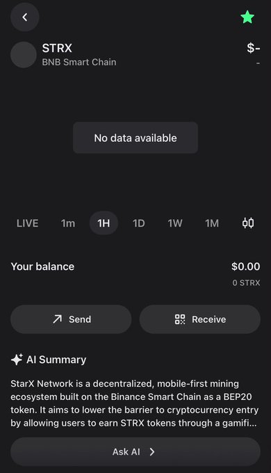 This image shows the STRX token on BNB Smart Chain within a wallet interface, displaying a balance of "0 STRX". This relates to the accompanying post by showing the token's interface where users can manage their STRX, emphasizing the importance of using the correct contract address for adding it to their wallet.