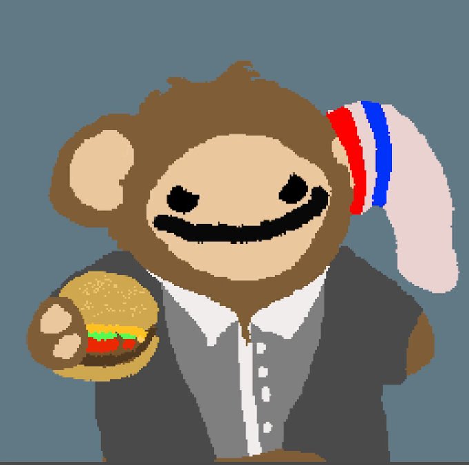 Digital drawing of a cartoon monkey-like character wearing a patriotic red, white, and blue headband and holding a hamburger.