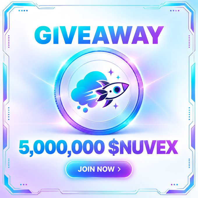 A futuristic blue and purple promotional graphic announces a "GIVEAWAY" of "5,000,000 $NUVEX" tokens, featuring a central emblem of a rocket launching from a cloud with star sparkles, alongside a "JOIN NOW" button. The design visually reinforces the accompanying post's promotion from "NUVEX FAMILY" offering $USDT rewards to the fastest 3,000 participants who follow, like, retweet, and comment before the 12-hour deadline.