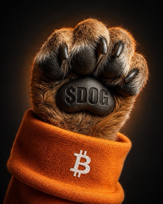 A close-up of a furry animal paw with claws visible, wearing an orange sleeve featuring a Bitcoin symbol, with the paw pad labeled 'SDOG'.