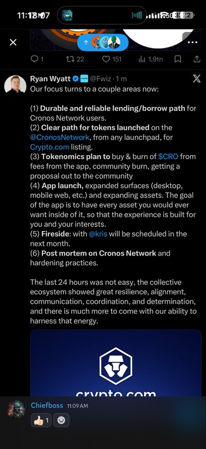 A tweet from Ryan Wyatt (@Fwiz) listing six focus areas for Crypto.com after a recent incident, including a durable lending path, token listings, $CRO buy & burn, app launch, a fireside chat with @kris, and a post-mortem on Cronos Network. The accompanying post from Chiefboss announces that after chatting with @kris and @cryptocom colleagues, they decided to roll back this @Fwiz tweet.