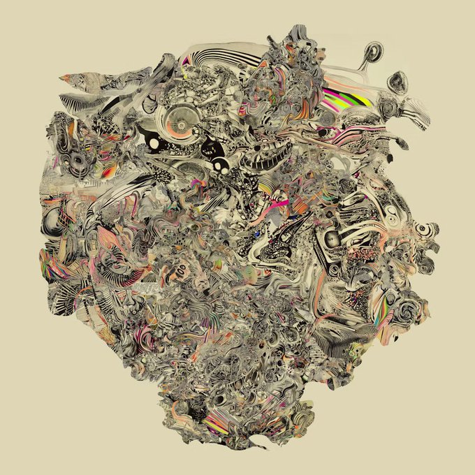 An abstract digital artwork depicting a complex, swirling mass of grayscale shapes, lines, and occasional pink and green accents on a beige background.