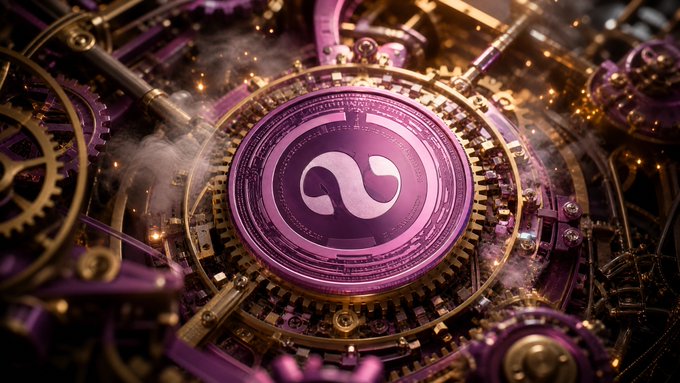 A complex steampunk-style mechanical assembly of gold and purple gears surrounding a central glowing purple disc with a swirl symbol.