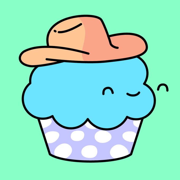A colorful cartoon illustration of a smiling blue cupcake wearing a brown cowboy hat, set against a light green background.