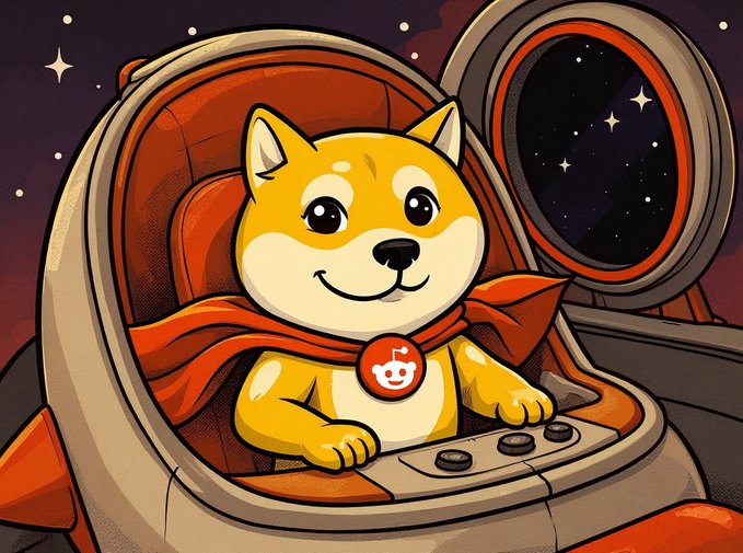 A cartoon illustration of a smiling Shiba Inu dog wearing a red cape and a Reddit alien logo medallion, sitting inside a spaceship cockpit with a view of a starry night sky through a porthole.