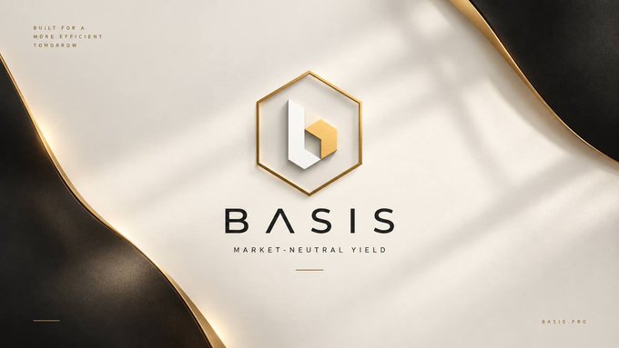A sleek promotional banner for Basis Pro featuring a hexagonal gold and silver logo with the tagline "Built for a more efficient tomorrow," alongside the text "BASIS - Market-Neutral Yield." The luxurious black and cream design with gold accents visually reinforces the brand's premium yield-optimization platform mentioned in the post, particularly highlighting the Booster feature used to enhance existing staking positions.