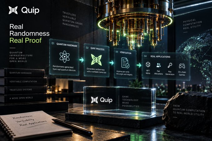 A promotional graphic for 'Quip' featuring the tagline 'Real Randomness Real Proof' and four illustrated steps: 01 Quantum Hardware, 02 QMRF Process, 03 Verification, and 04 Real Applications.