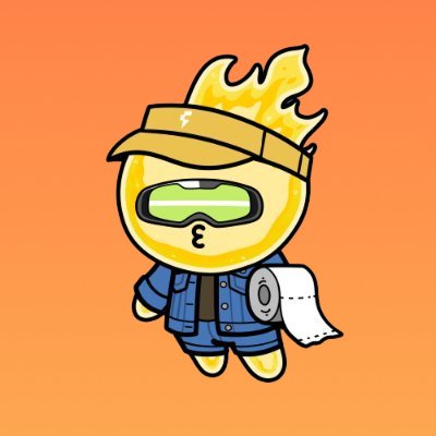 A cute, cartoonish yellow flame character wearing a blue jacket, a yellow visor, and green goggles, holding a roll of toilet paper against an orange background.