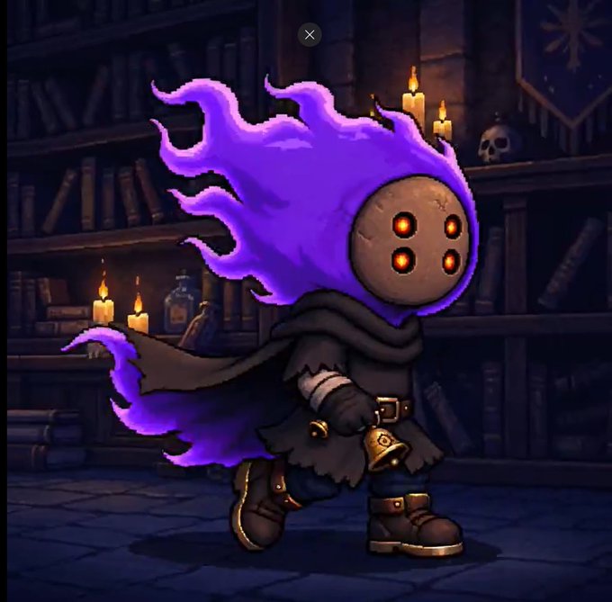 A 2D animated character resembling a grim reaper with purple flame-like hair, a round masked face with four glowing eyes, and a bell in hand, standing in a dimly lit library.