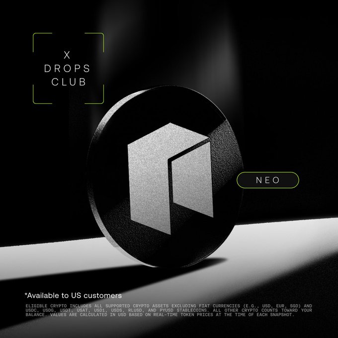 The image depicts a circular coin with the shape of a Rubik's cube standing upright on its end against a black background. On this side of the coin, there is text that reads "X Drops Club" and "Neo", indicating the brand or theme associated with the coin. The other half of the coin is tilted downwards in an upside-down position, giving it the appearance of being flipped horizontally. A watermark reading "@OKX @still trading, still rebalancing, still fully liquid and earning NEO daily because I have crypto on @OKX anyway" is visible next to the upright side of the coin. The text also mentions that no lockup or rebalancing is required for this particular coin.