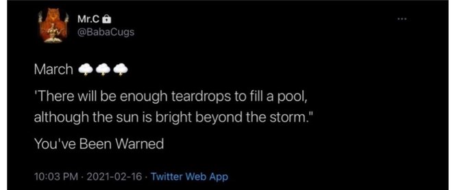 A Twitter/X post by user @BabaCugs dated 2021-02-16 reading 'March [cloud emojis]. "There will be enough teardrops to fill a pool, although the sun is bright beyond the storm." You've Been Warned'.