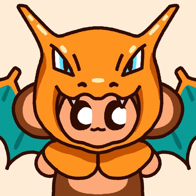 A cartoon illustration of a small character don’t in a cute Charizard-style dragon hood, featuring orange and teal wings and sharp fangs on the hood design.