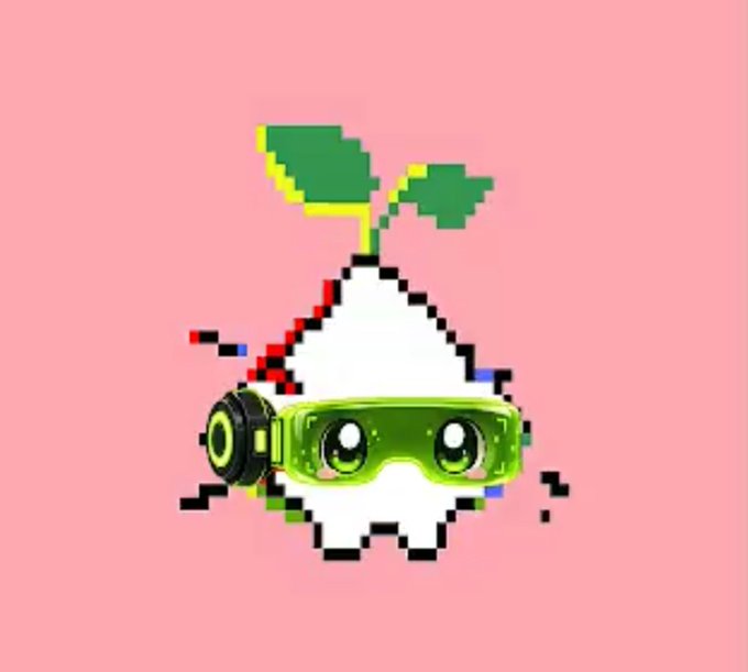 Pixel art illustration of a cute white blob-like creature wearing green headphones and safety goggles, featuring a small green sprout on its head, set against a solid pink background.