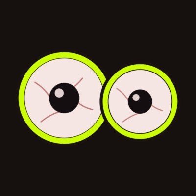 An animation-style image features a pair of wide, bloodshot eyes with bright green outlines staring unblinkingly against a black background.