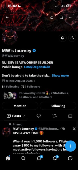 A Twitter/X profile screenshot for 'MW's Journey' (@MWsJourney), described as 'NL | DEV | BAGWORKER | BUILDER', showing 84 Following and 734 Followers, with a pinned giveaway post promising $100 to the most active followers when reaching 1,000.