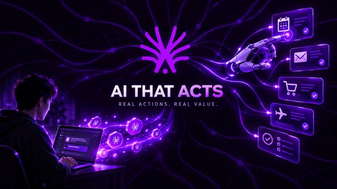 The image is a promotional graphic for ActionModelAI, featuring a person working on a laptop alongside a robotic hand, with the text "AI THAT ACTS — REAL ACTIONS. REAL VALUE." centered against a purple network-style background, visually illustrating the concept of Large Action Models that perform tasks rather than just suggest them.