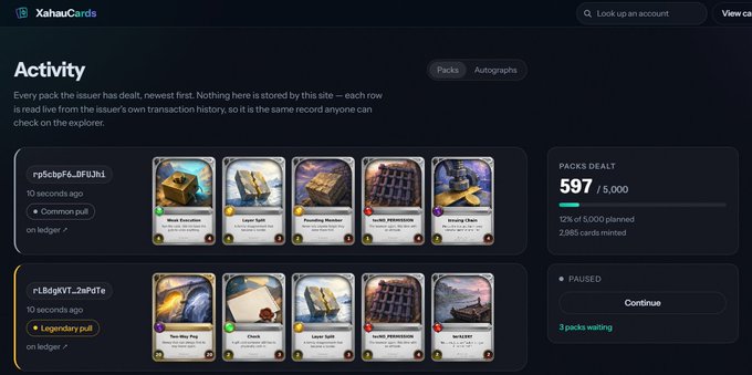 The XahauCards website Activity page displays recently dealt card packs including 'Block Execution,' 'Layer Split,' and 'Founding Member,' with 597/5,000 packs dealt.