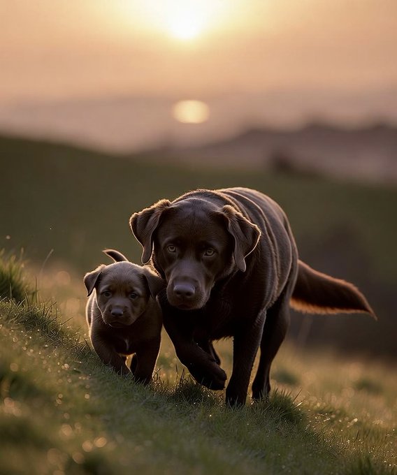 A brown Labrador retriever and its puppy run across a grassy hillside at sunset with the sun glowing in the background.