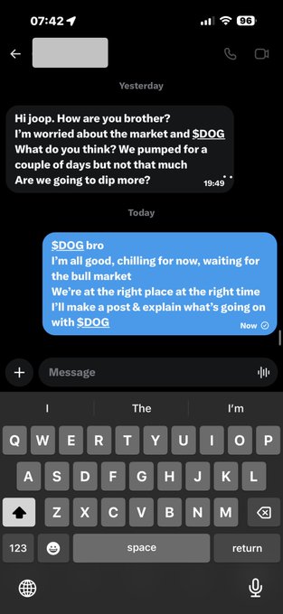 A text conversation where someone asks about the $DOG market dip, and the reply reassures them they're "at the right place at the right time" with an explanation post coming, while the accompanying caption suggests the $DOG pump was market manipulation ("Spoofing").