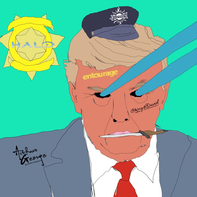 A satirical digital illustration of Donald Trump wearing a police-style cap, with the word 'entourage' on his forehead, smoking a cigar, and cartoonish blue bars across his eyes, with signatures reading 'Arthur George' and 'Harry S Dank' on a turquoise background.