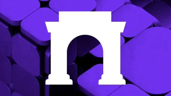 A white archway or gate icon displayed over a background of purple rounded squares.
