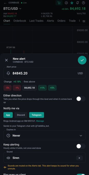 A mobile screenshot of the Coinbase app showing a 'New alert' setup for BTC/USD with an alert price of 84845.20 USD, while the current price is listed as 84,692.18.