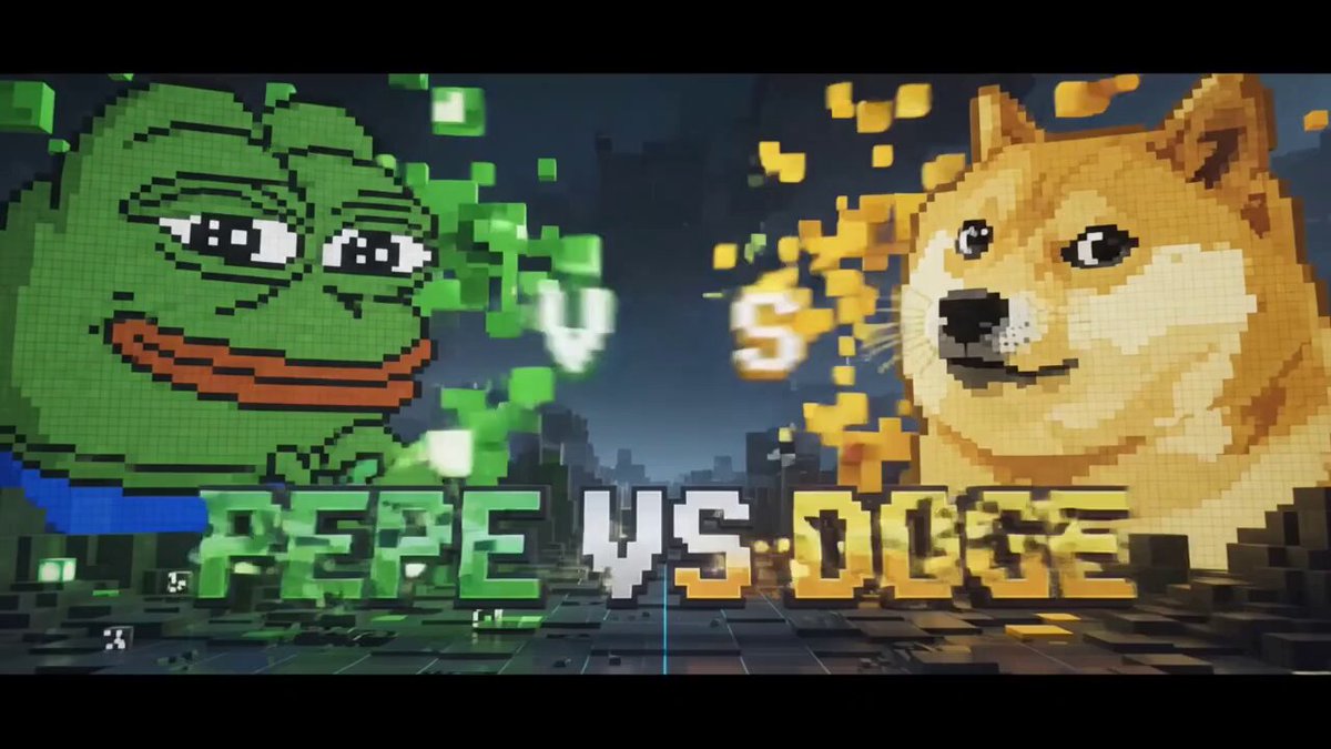 The image features a cartoon dog and a cartoon frog, both wearing blue shirts with the words "PEPE vs DOGE" written above them. The frog appears to be victorious over the dog, as they are engaged in a battle for territory on Minecraft. The text "PEPE VS DOGE Fight for territory. Defend your community. Conquer the map." suggests that this is a game or animation related to the popular video game series Minecraft.